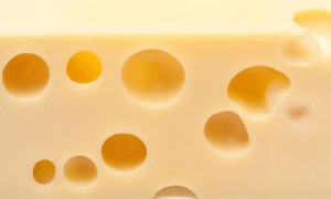 Emmental Swiss cheese isolated on a white studio background.